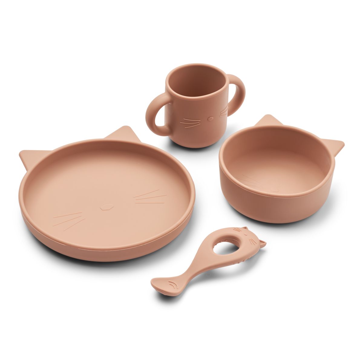 LIEWOOD Vivi spisestel i silikone 4-pak baby - Cat dark rose - Børneservice sæt